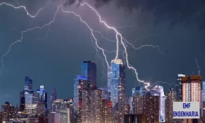 Descarga atmosférica (raio) atingindo edifícios